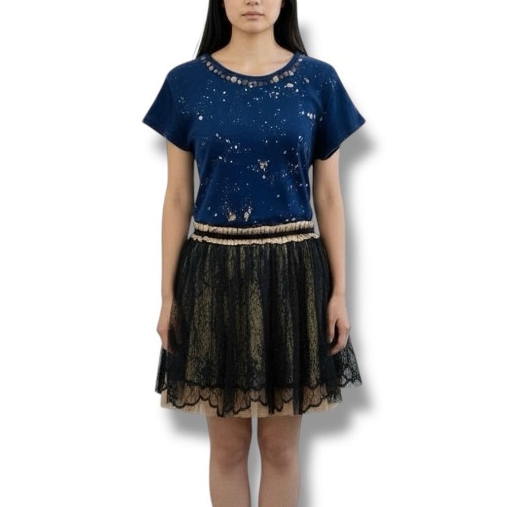 Rene Derhy Size S Blue Beaded Metallic Accents Organza Skirt Dress Artsy Fairy